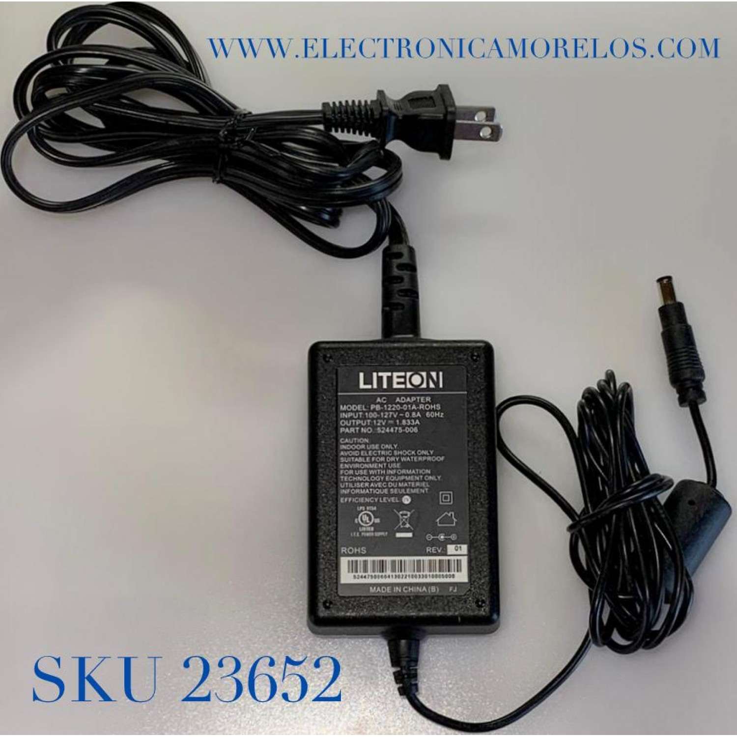 ADAPTADOR LITEON VCA / NUMERO DE PARTE 524475-006 / MODELO PB-1220-01A-ROHS / ENTRADA VCA 100-127V～.8A 50-60Hz / SALIDA VCD 12V-1.833A